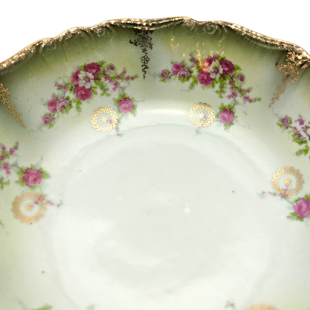 Vintage Serving Bowl Made In Germany Green Hand Painted Pink Roses Gold Gilded - Picture 11 of 12